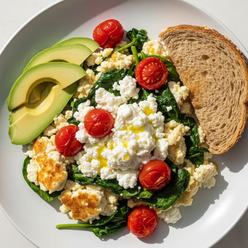 Egg White and Spinach Scramble with Cottage Cheese and Cherry Tomatoes