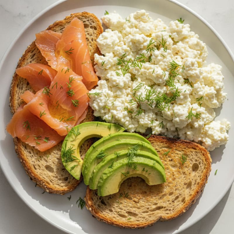 Cottage Cheese and Egg White Scramble with Smoked Salmon and Avocado
