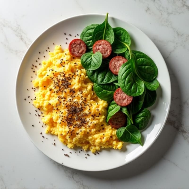 Egg White and Spinach Scramble with Turkey Sausage and Chia Seed Pudding