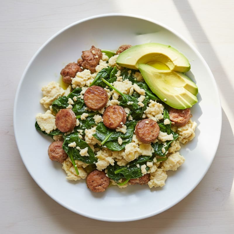 Egg White Spinach Scramble with Turkey Sausage and Sliced Avocado