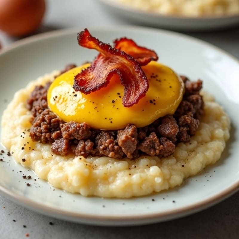Savory Beef and Egg Scramble with Crispy Bacon and Creamy Grits
