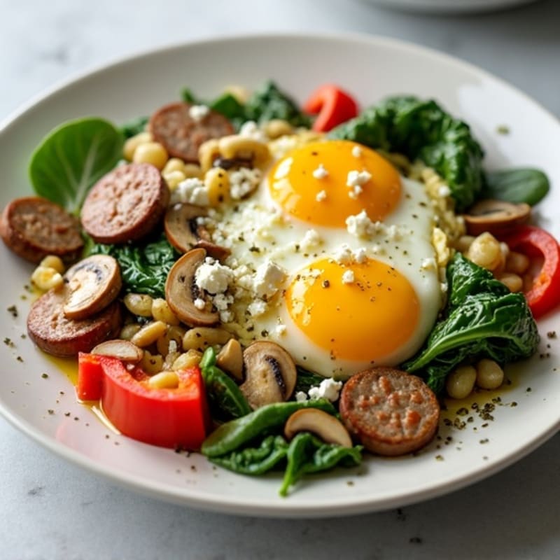 Egg White Spinach Scramble with Turkey Sausage and Sautéed Mushrooms