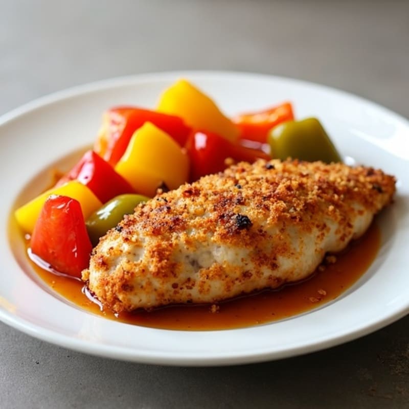 Crispy Baked Sweet and Sour Chicken with Roasted Bell Peppers