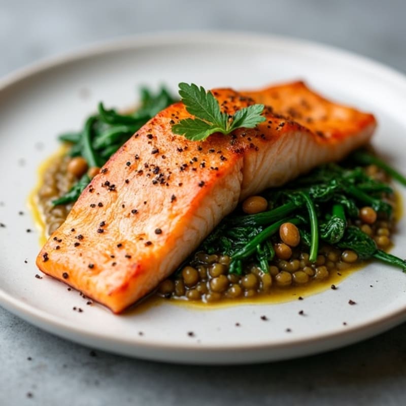 Seared Salmon with Garlic Spinach and Lentil Mash