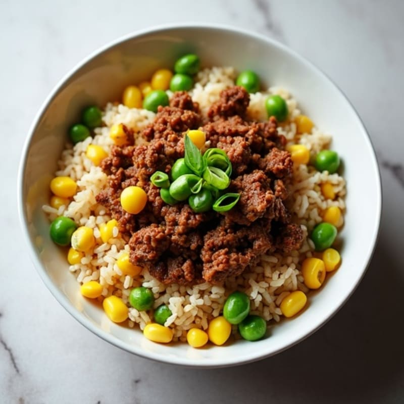 Asian-Style Ground Beef Bowl with Brown Rice and Edamame Corn Medley
