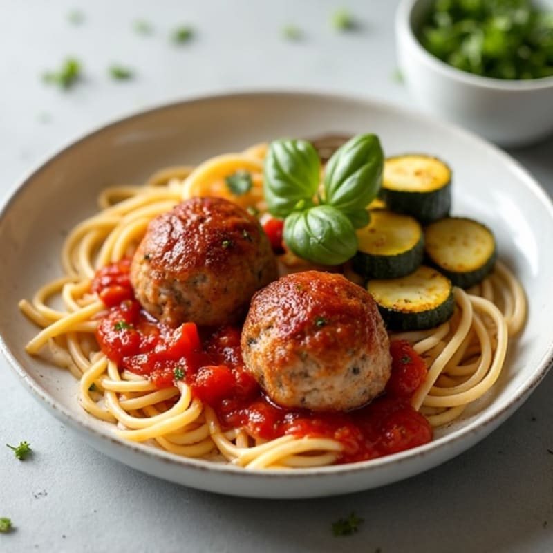 Lean Turkey Meatballs with Roasted Zucchini and Simple Tomato Sauce
