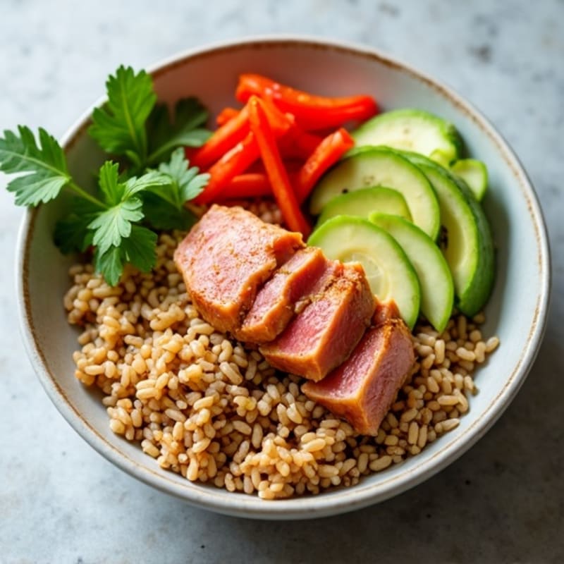 Citrus-Marinated Tuna Bowl with Brown Rice, Creamy Avocado, and Crisp Vegetables
