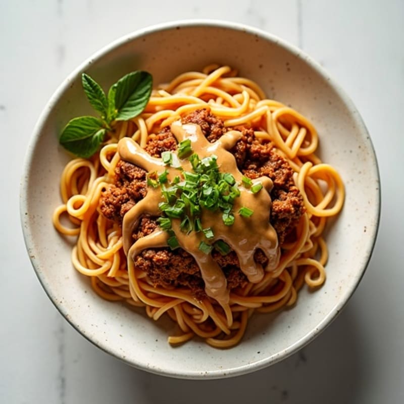 Spicy Ground Pork Noodles with Creamy Peanut-Sesame Sauce