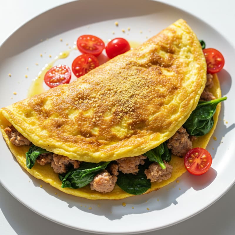 Crispy Egg White Omelet with Turkey Sausage and Sautéed Spinach