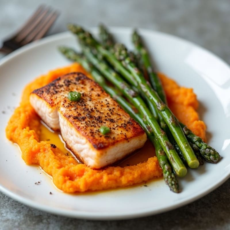 Seared Salmon with Roasted Asparagus and Sweet Potato Mash