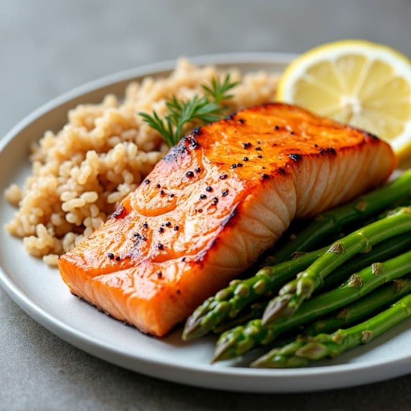 Seared Salmon with Steamed Asparagus and Brown Rice