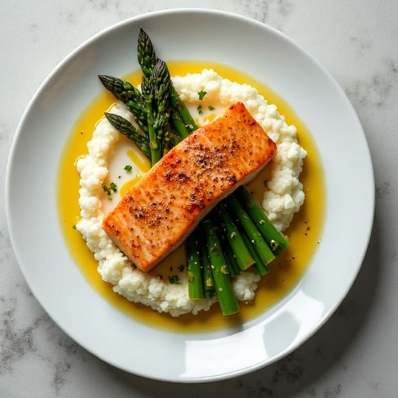 Seared Salmon with Steamed Asparagus and Cauliflower Mash