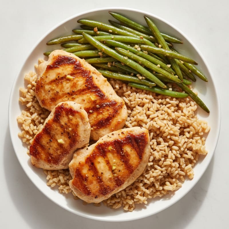 Seared Chicken Thighs with Garlic Green Beans and Brown Rice