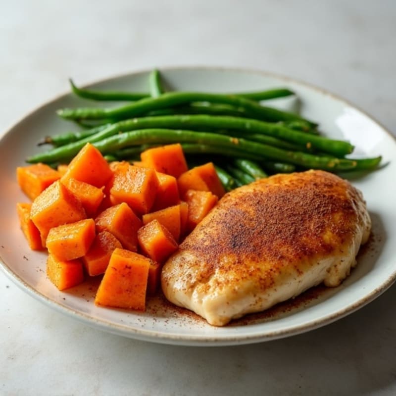 Cinnamon Spiced Chicken with Roasted Sweet Potatoes and Green Beans