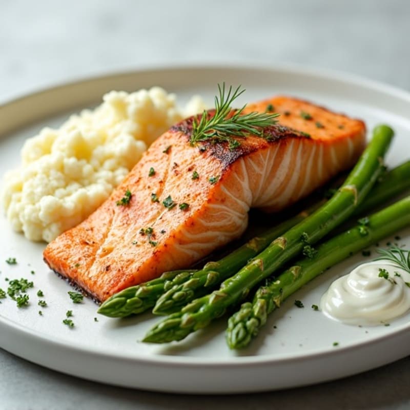 Grilled Salmon with Steamed Asparagus and Garlic Mashed Cauliflower