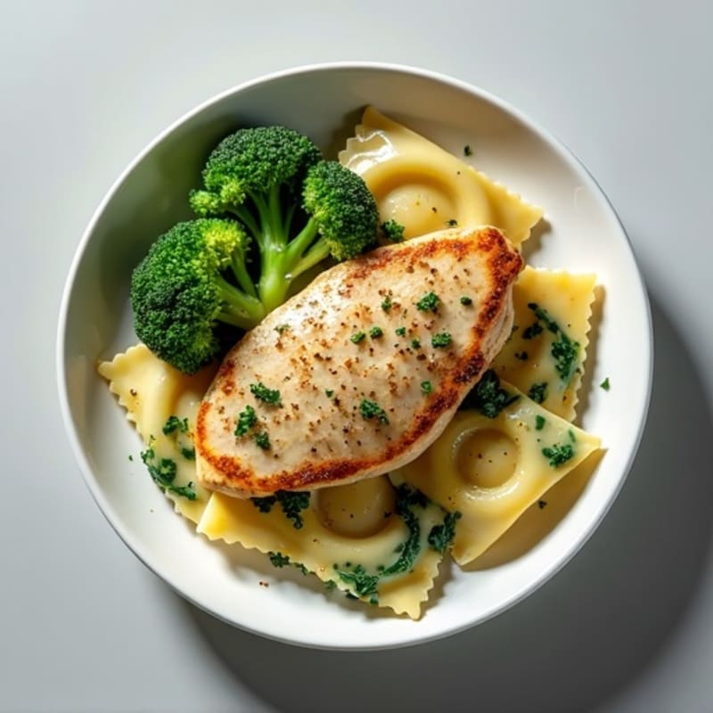 Creamy Spinach Ravioli with Pan-Seared Chicken and Roasted Broccoli