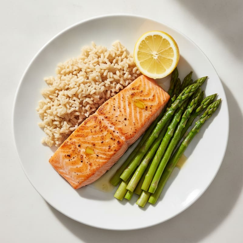 Seared Salmon with Steamed Asparagus and Brown Rice