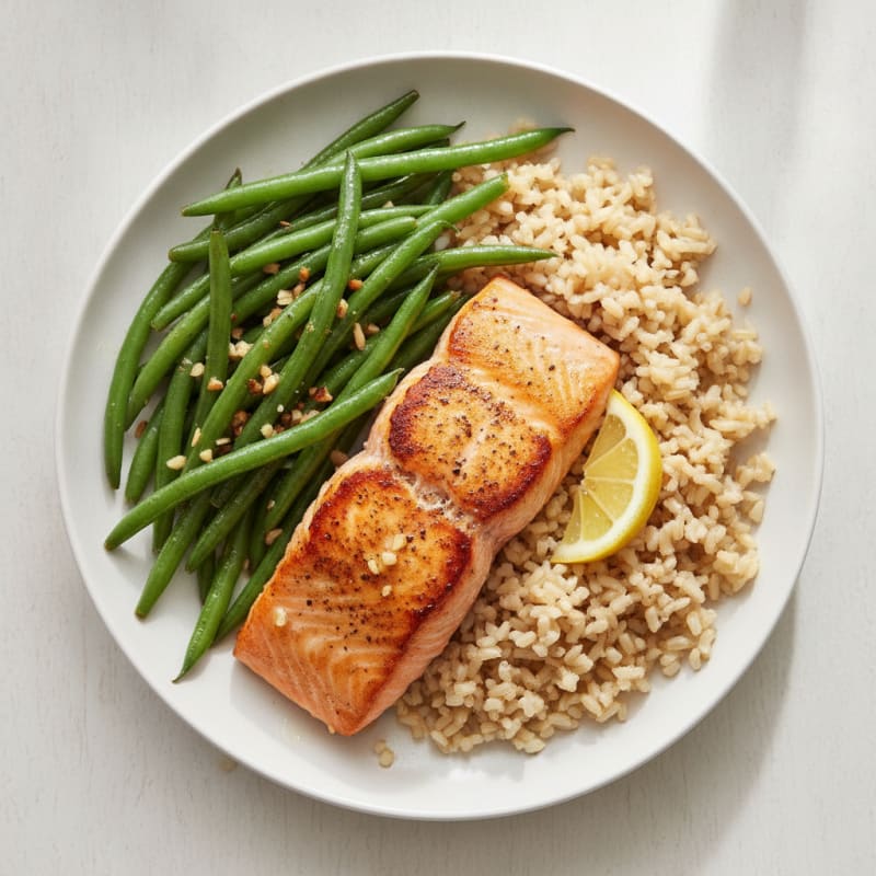 Seared Salmon with Garlic Green Beans and Brown Rice