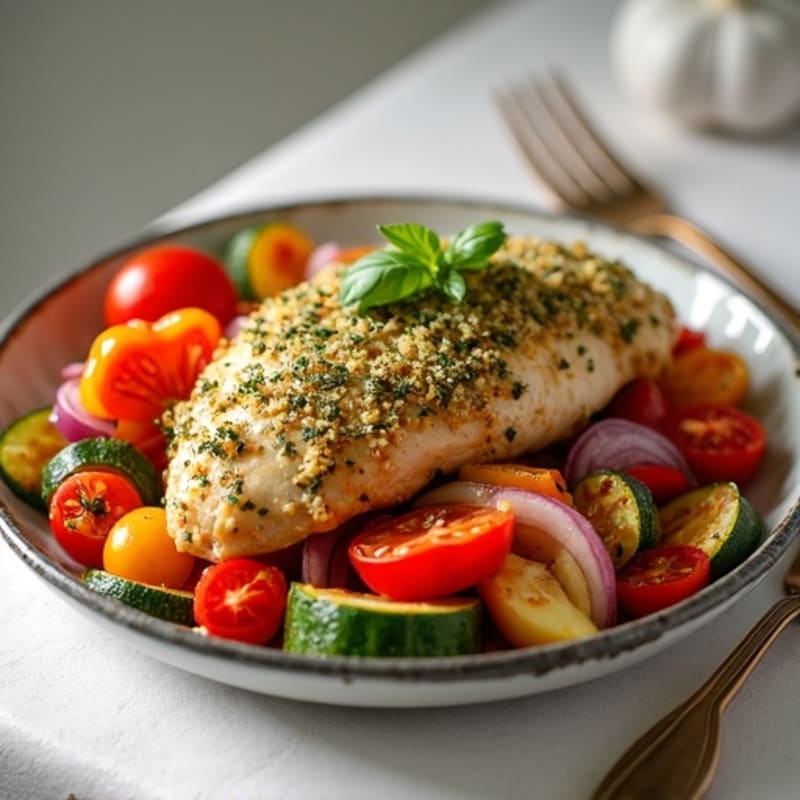 Herb-Crusted Sheet Pan Chicken with Roasted Rainbow Vegetables