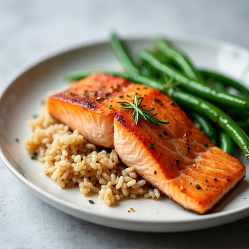Seared Salmon with Steamed Green Beans and Brown Rice
