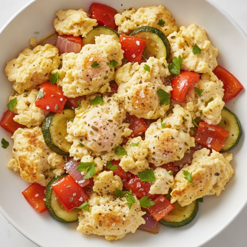 Hearty Scrambled Eggs with Roasted Vegetables