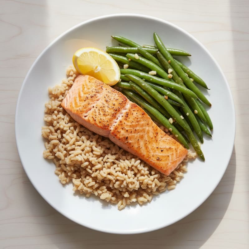 Seared Salmon Fillet with Garlic Green Beans and Brown Rice