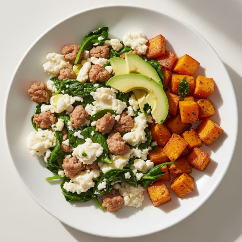 Egg White and Turkey Sausage Scramble with Spinach and Roasted Sweet Potato