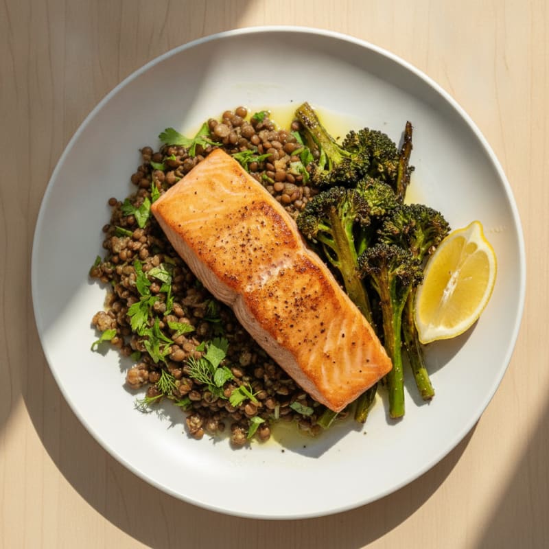 Seared Salmon with Roasted Broccoli and Lentil Pilaf