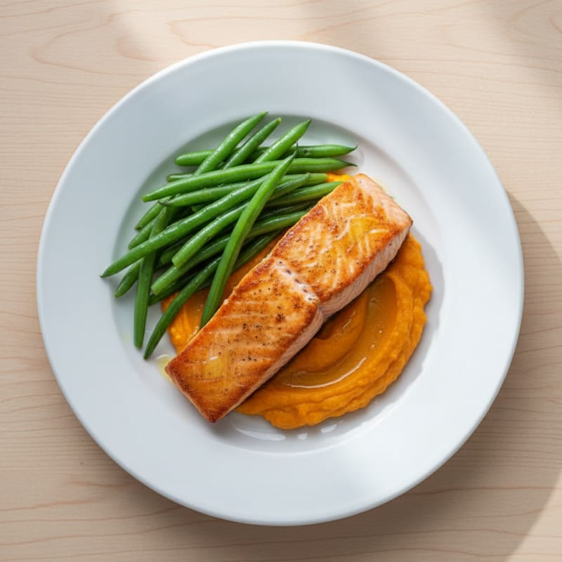 Seared Salmon with Steamed Green Beans and Sweet Potato Mash