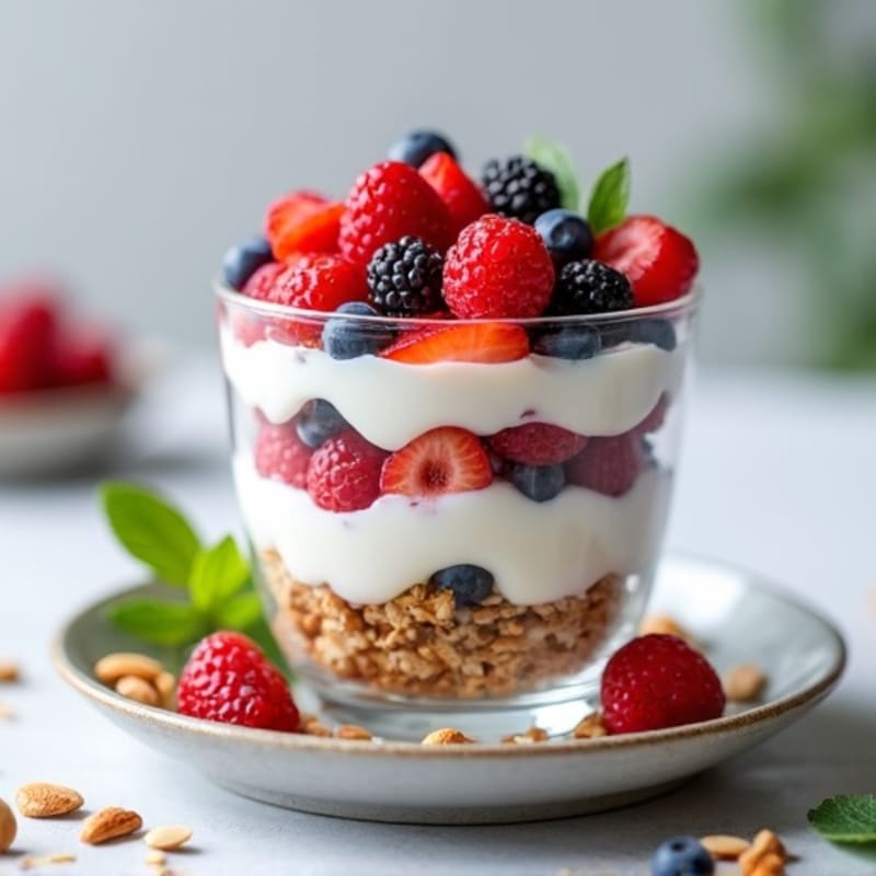 Greek Yogurt Parfait with Crunchy Almond Granola and Mixed Berries