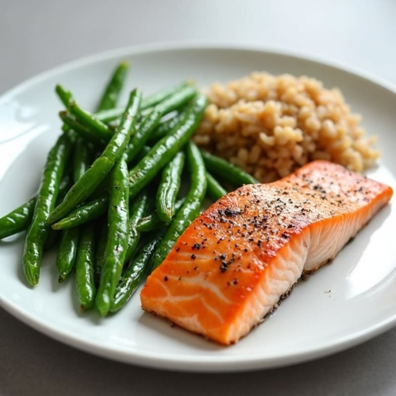Seared Salmon with Steamed Green Beans and Brown Rice