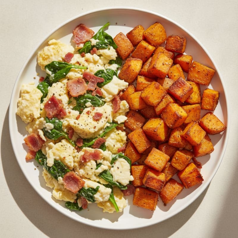 Crispy Turkey Bacon and Egg White Scramble with Roasted Sweet Potatoes