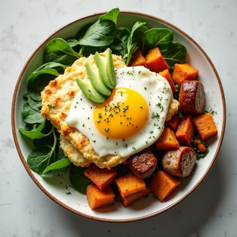 Egg White and Turkey Sausage Scramble with Sautéed Spinach and Sweet Potato Hash