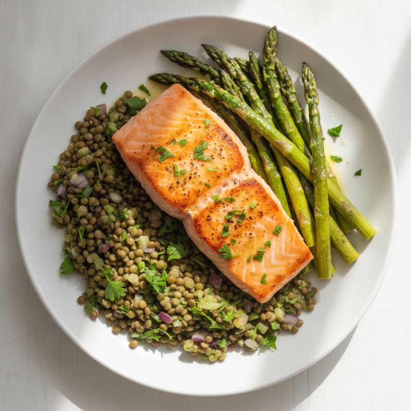 Seared Salmon with Roasted Asparagus and Lentil Salad