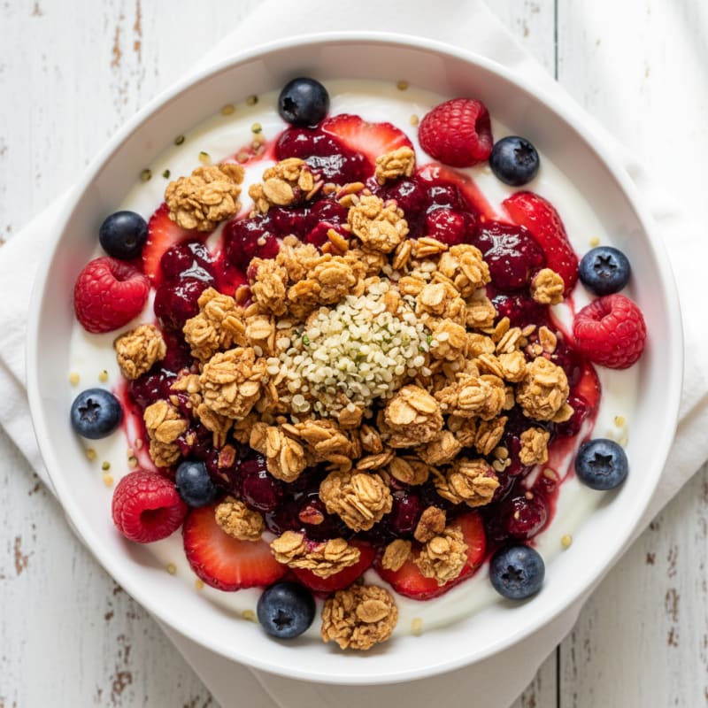 Greek Yogurt Parfait with Crunchy Almond Granola and Mixed Berries