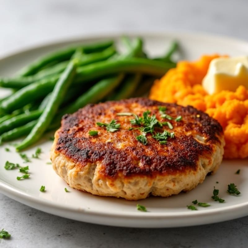 Seared Turkey Patties with Steamed Green Beans and Sweet Potato Mash