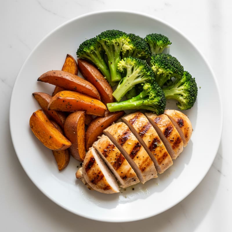 Grilled Chicken Breast with Roasted Sweet Potato and Steamed Broccoli