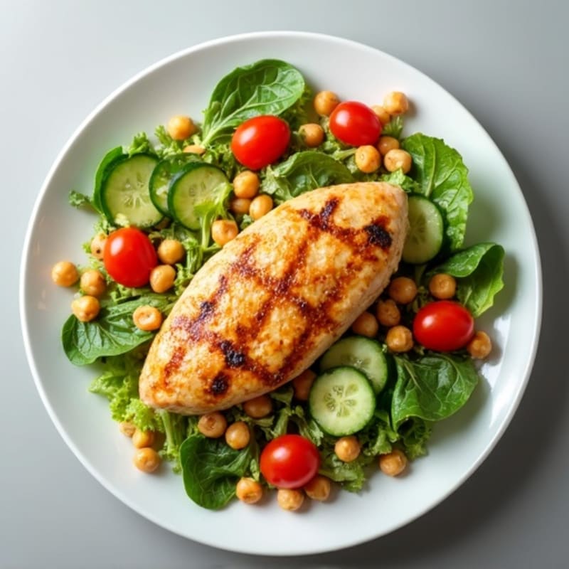 Grilled Chicken Breast Salad with Crisp Greens and Chickpeas