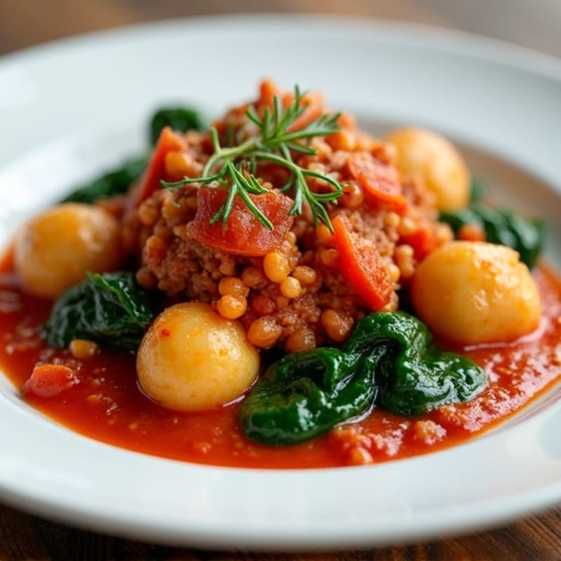 Lean Ground Turkey Gnocchi with Rich Tomato Sauce and Sautéed Greens