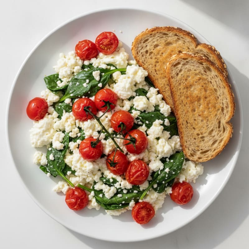 Cottage Cheese Egg White Scramble with Spinach and Cherry Tomatoes