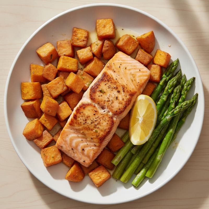 Seared Salmon with Roasted Sweet Potatoes and Asparagus
