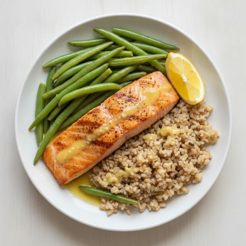 Seared Salmon with Steamed Green Beans and Brown Rice