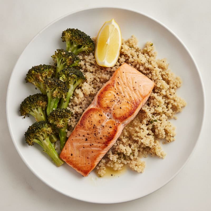 Seared Salmon with Roasted Broccoli and Garlic Quinoa