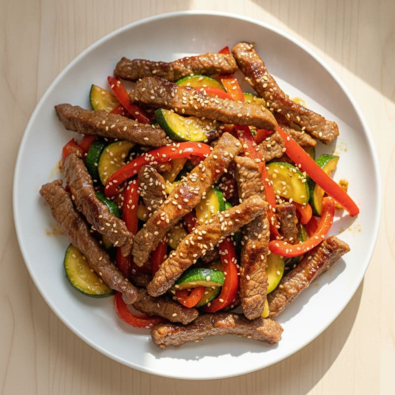 Seared Beef Strips with Sautéed Zucchini and Bell Peppers