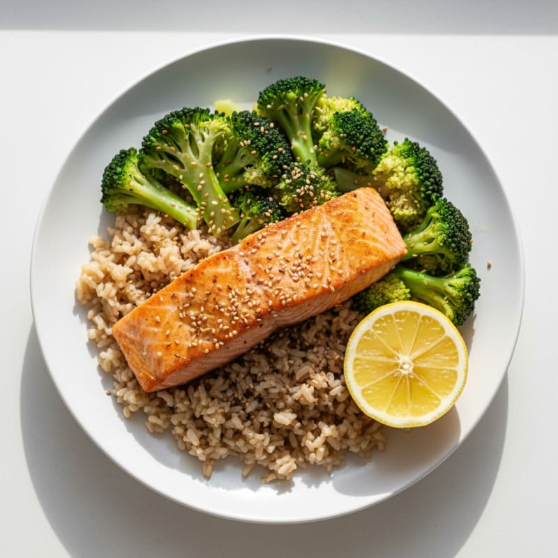 Seared Salmon with Steamed Broccoli and Brown Rice