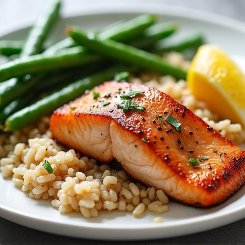 Seared Salmon with Garlic Green Beans and Brown Rice