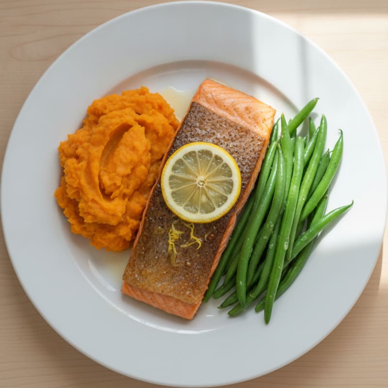 Seared Salmon with Steamed Green Beans and Mashed Sweet Potato