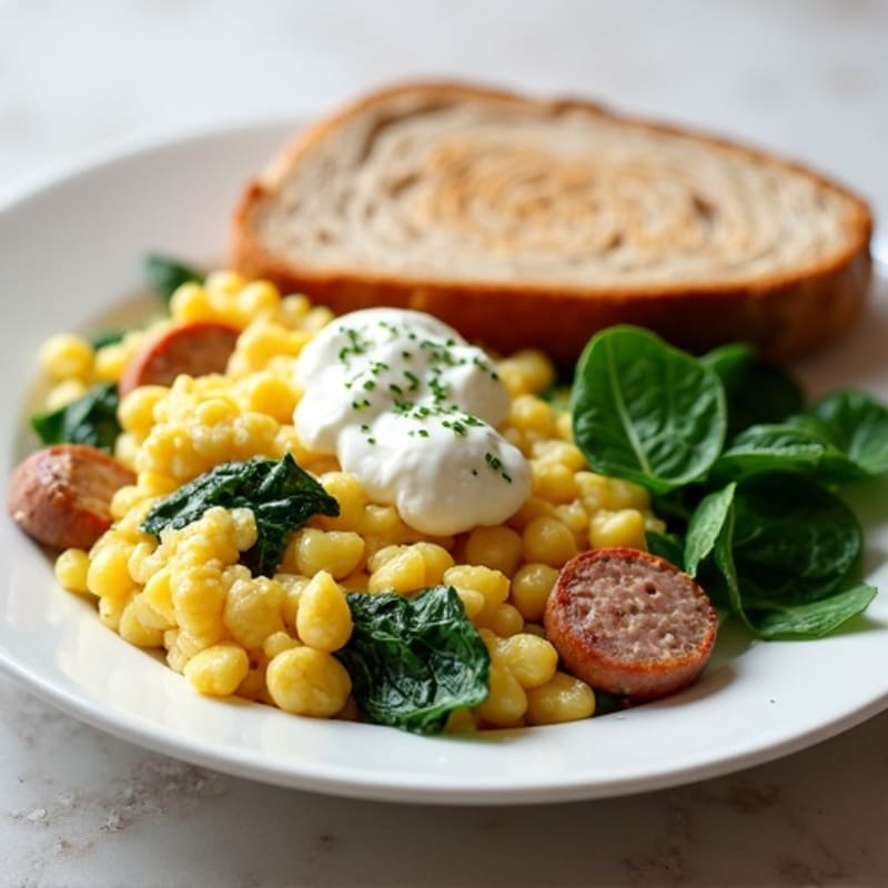 Egg White and Turkey Sausage Scramble with Spinach and Cottage Cheese
