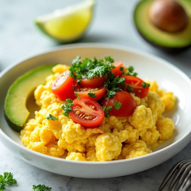 Creamy Avocado Egg Scramble with Fresh Tomato and Herb-Lime Topping