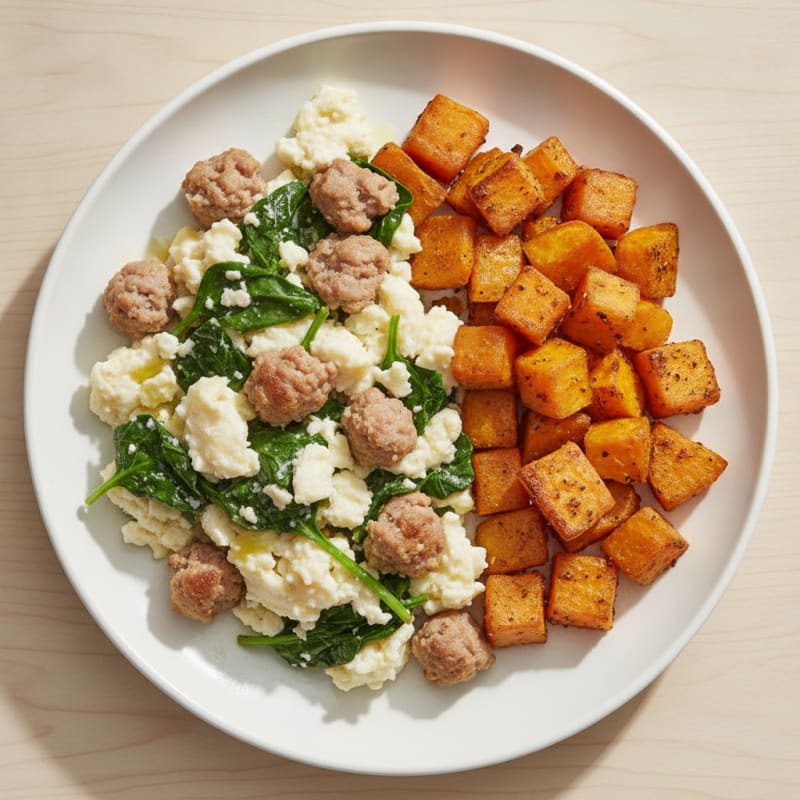 Egg White and Turkey Sausage Scramble with Spinach and Roasted Sweet Potatoes